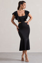 Black Square-Neck Cut-Out Ruffled Midi Dress